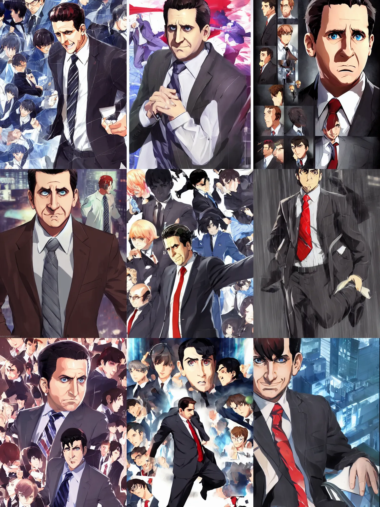 Prompt: a ultradetailed concept art of michael scott from the office in the style of a persona from the game persona, dynamic lighting, cinematic lighting, dramatic lighting, oil panting, high resolution, 4 k, by shigenori soejima and masayoshi suto