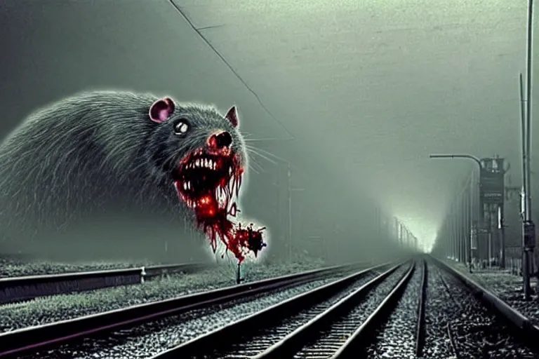 Prompt: very large giant mutant zombie irradiated ( angry rat ) staying on railways in tonnel of moscow subway. tonnel, railways, giant angry rat, furr, fangs, claws, very realistic. fog, extreme long shot, herman nitsch, giger.