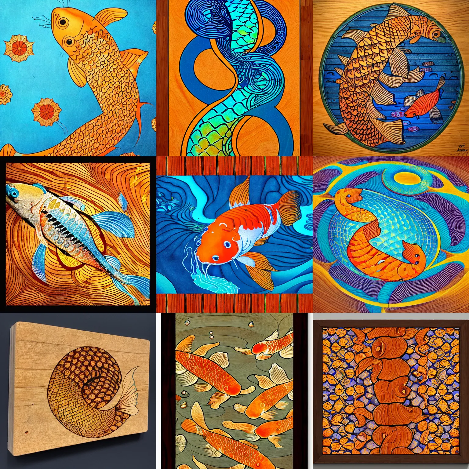 Image similar to koi fishes, fibonacci, golden ratio, sacred numbers, by audrey kawasaki, by loish, barbbara cannepa global illumination, cool colors, wood texture on top