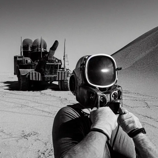 Prompt: a man wearing heavy equipment and a welding mask, in the desert, action movie, Mad Max inspired, film still, arriflex 35