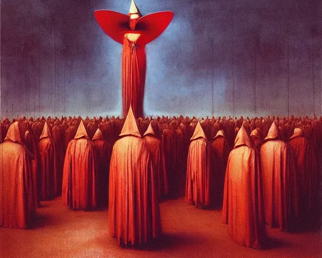 Image similar to devotion to the scarlet woman, priestess in a conical hat, coronation, ritual, sacrament, by francis bacon, beksinski, bosch, mystical redscale photography, opulence, luxury, maximalism.