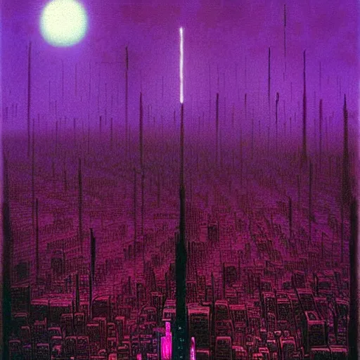 Prompt: purple cyberpunk city, by Beksinski
