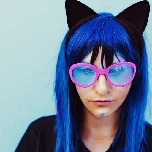 Prompt: photo of a young woman with messy medium-length blue hair and cat ears, black glasses, backlit