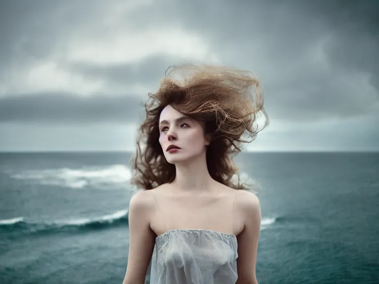 Image similar to cinestill 5 0 d photography of a woman britt marling 3 / 4 style of nicholas fols, 2 0 0 mm, dress in voile, hair like dark clouds floating on air, mute dramatic colours, soft blur outdoor stormy sea background, volumetric lighting, hyperdetailed, hyperrealistic