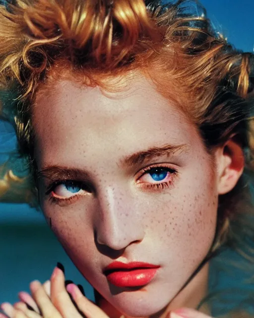 Image similar to a beautiful professional photograph by herb ritts, arthur elgort and ellen von unwerth for vogue magazine of a beautiful lightly freckled and unusually attractive female fashion model looking at the camera in a flirtatious way, zeiss 8 0 mm f 2. 8 lens