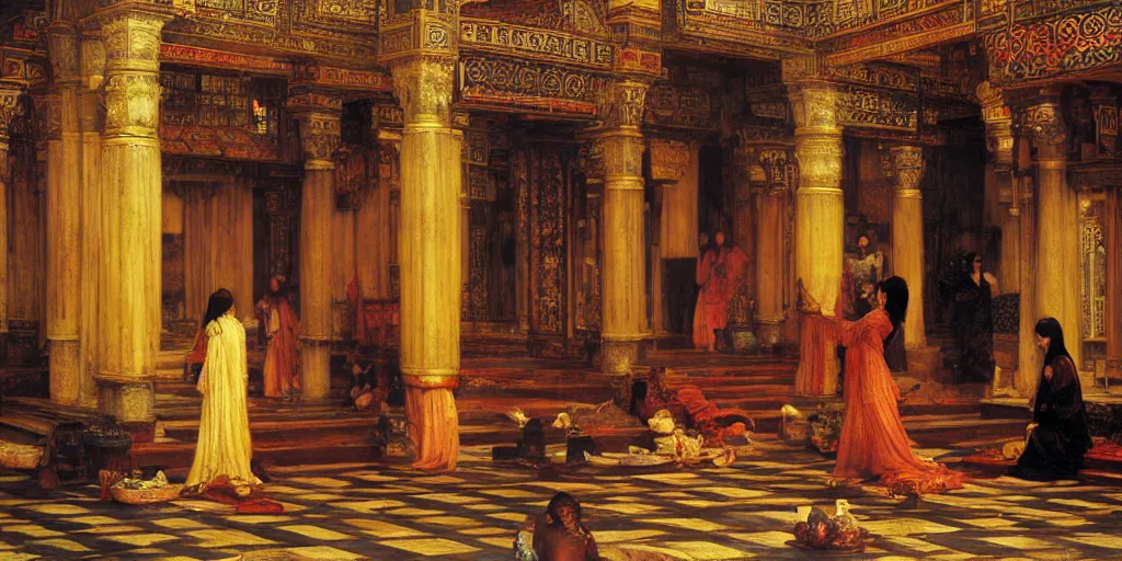 Prompt: the holy temples of incense, orientalist painting by john william waterhouse and Edwin Longsden Long and Theodore Ralli and Nasreddine Dinet, oil on canvas. Cinematic, hyper realism, dramatic lighting