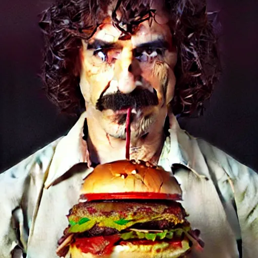 Prompt: portrait of frank zappa eating hamburgers, extra onions and ketchup, luscious patty with sesame seeds, feminine ethereal, handsome, d & d, fantasy, intricate, elegant, highly detailed, digital painting, artstation, concept art, matte, sharp focus, illustration, art by artgerm and greg rutkowski and alphonse mucha