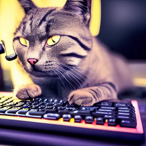 Prompt: a cat playing videogames with paws on a gaming keyboard and wearing a headset, photorealistic, instagram post 4k, highly detailed