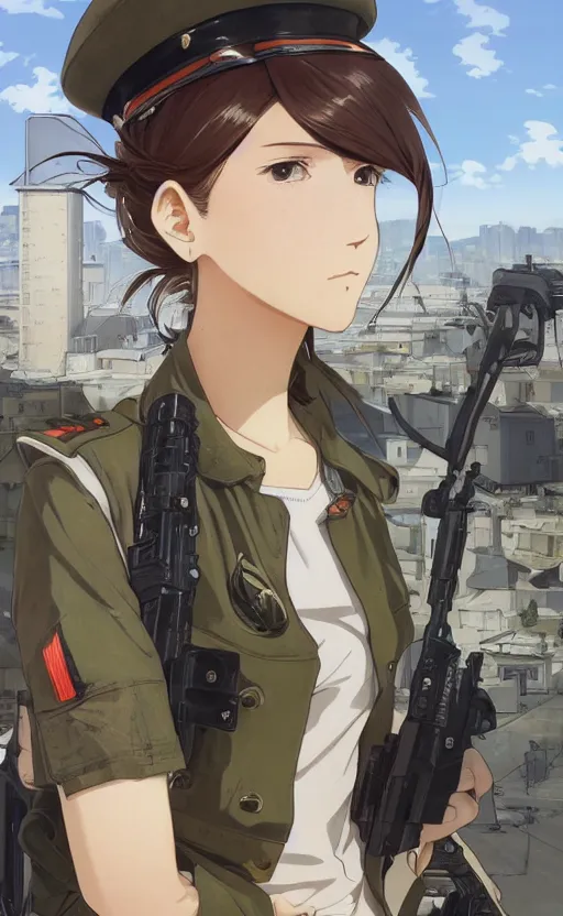 Prompt: portrait of a female soldier, highly detailed, high resolution, military camp in the background, full color manga visual style, illustration, stunning, girls frontline style, bokeh soft, matte, 100mm, trending artwork, by professional photographer, hayao miyazaki, ilya kuvshinov, alphonse mucha, studio mappa, realistic human anatomy, realistic military carrier, modern warfare, realistic weapon, shot with a arriflex 35 ii, low saturation, small eyes