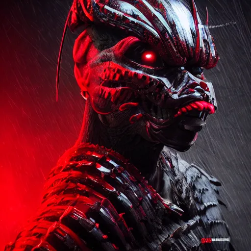 Image similar to a vivid portrait of a predator samurai, trending on artstation, scary, intimidating, dark, unreal engine, studio lighting, black and red color scheme