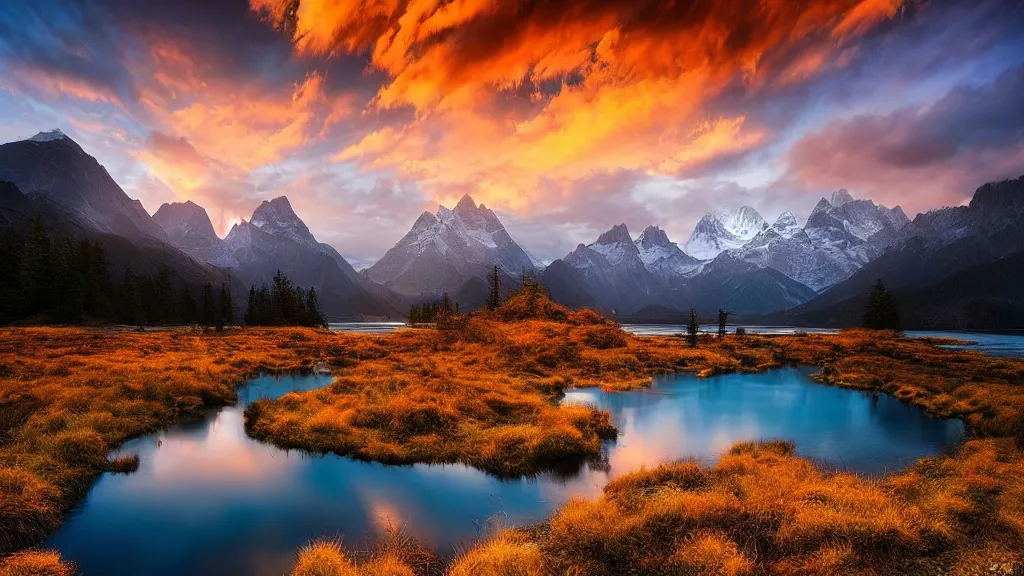 Image similar to amazing landscape photo of mountains with lake in sunset by marc adamus, beautiful dramatic lighting