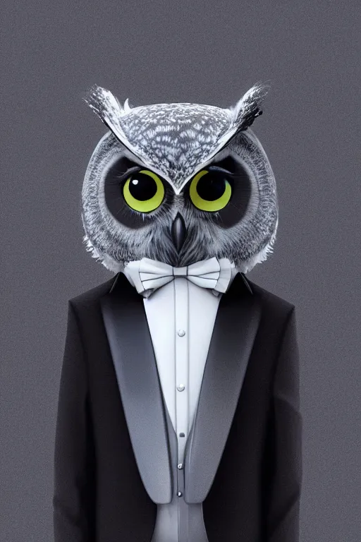 Prompt: portrait of an owl in a tuxedo, 3d shading, cel-shaded, CGSociety, volumetric lighting, octane render, hyperrealism