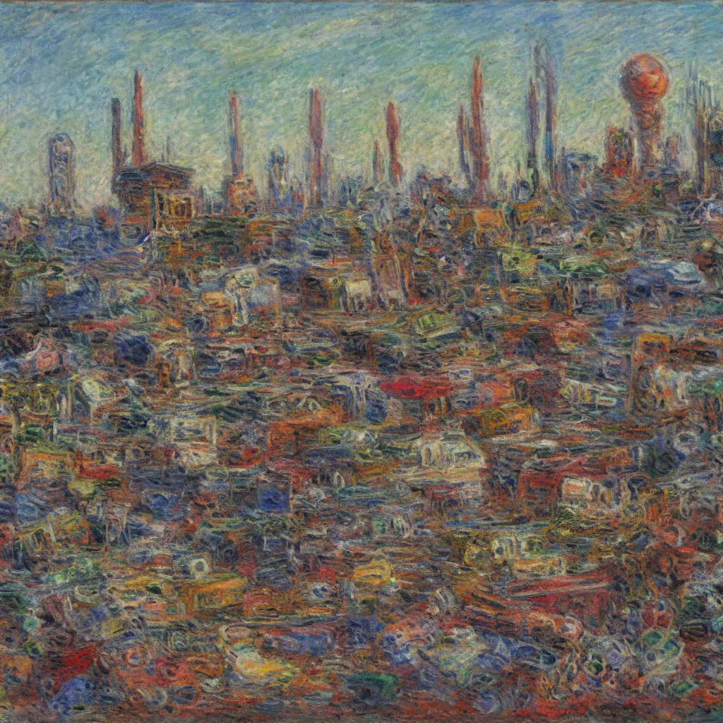 Prompt: art in the style of claude monet, a space junkyard, inhabited by space monsters, detailed
