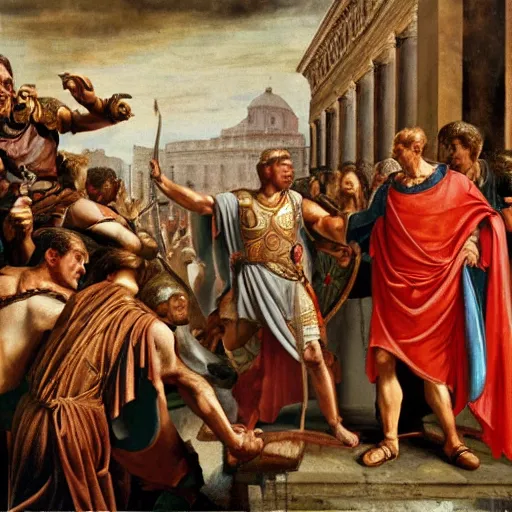 Prompt: Julius Caesar getting assassinated by Jerma985 in Ancient Rome, detailed, highly detailed, heroic, epic, complex, very detailed, realistic, HD quality, 8k resolution, body and headshot, Oil Painting, Italian Renaissance Painting, Italian Renaissance Painting Style, Renaissance Painting Style, Painting, Trending on Artstation