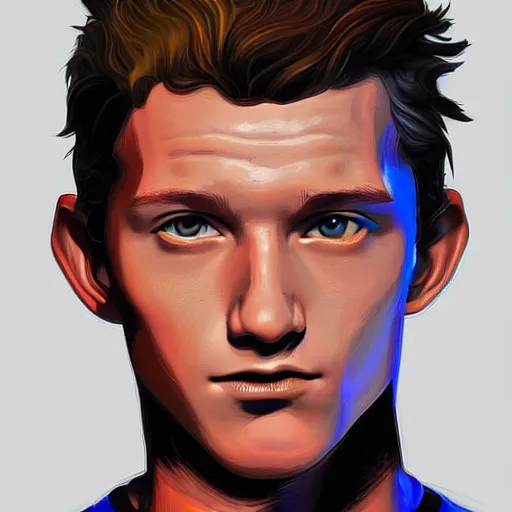 Image similar to portrait of tom holland's spider man, highly detailed, centered, solid color background, digital painting