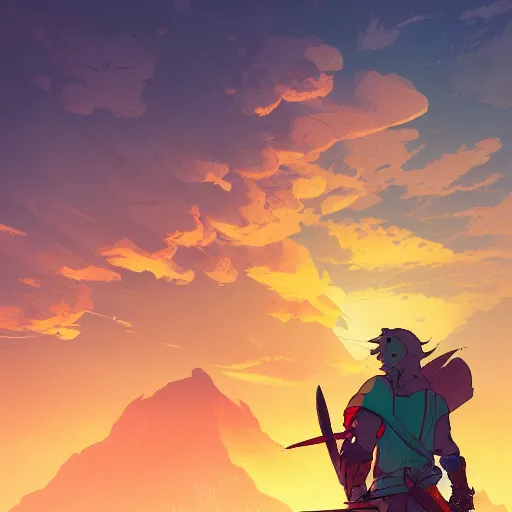 Image similar to cell shaded cartoon, warrior watching the sunrise over a battlefield,, illustration, wide shot, subtle colors, concept art by josan gonzales and wlop, laurie greasley, jordan grimmer and james jean, highly detailed, sharp focus, trending on artstation, hq, deviantart, art by artgem, in the style of breath of the wild