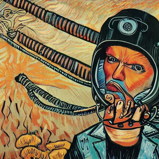 Image similar to Illustrated by Shepard Fairey and H.R. Giger | ((Cyberpunk Van Gogh with VR helmet, surrounded by cables))