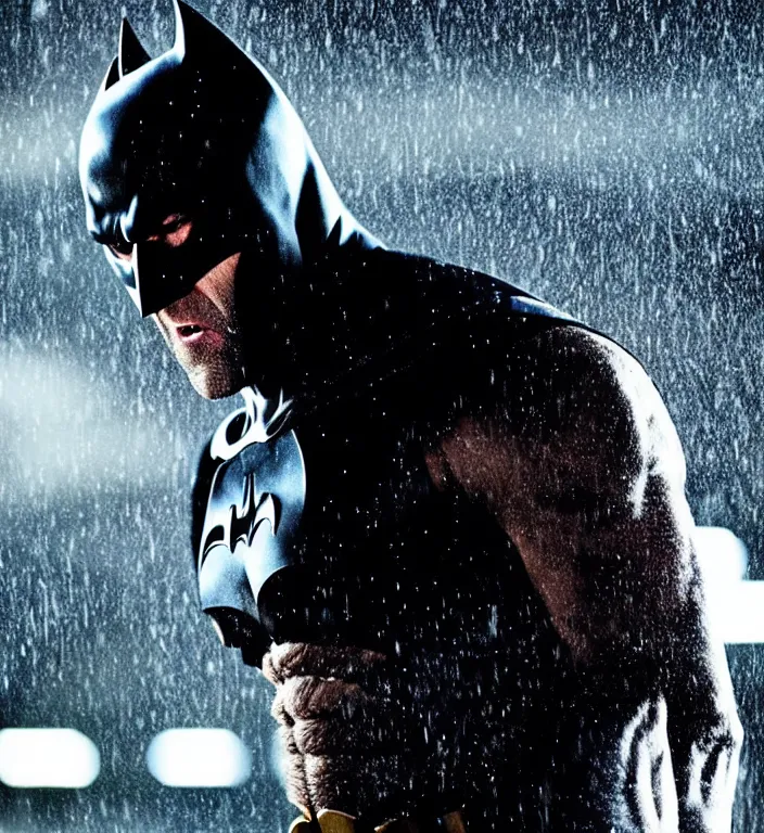 Prompt: cinematic still of jason statham as batman, close up, screaming in pain, dramatic rain, 8 k