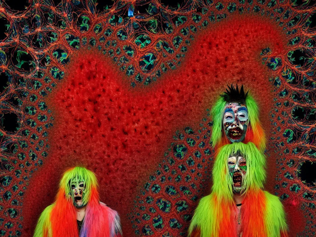 Prompt: a portrait of a beautiful colorful ( flesh - eating ) yamazaku covered in raindow fur, eating the leg of a screaming man, ground covered in maggots, seen from a fractal kaleidoscope, schizophrenic hallucination, fear, morbid, nightmare, supernatural, 8 k, hd photography, highly detailed, chiaroscuro, terrifying