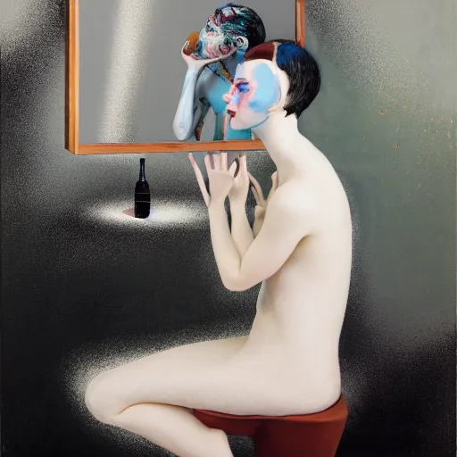 Image similar to portrait of a morphed gamer sitting on a stool looking into a mirror doing makeup by james jean and luc tuymans and beeple and hernan bas and pat steir and hilma af klint, psychological, 3 d, dripping paint, monochrome, high quality render, masterpiece