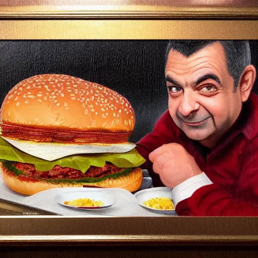 Image similar to portrait of rowan atkinson eating giant hamburgers, extra bacon lettuce and tomatoes, an oil painting by ross tran and thomas kincade