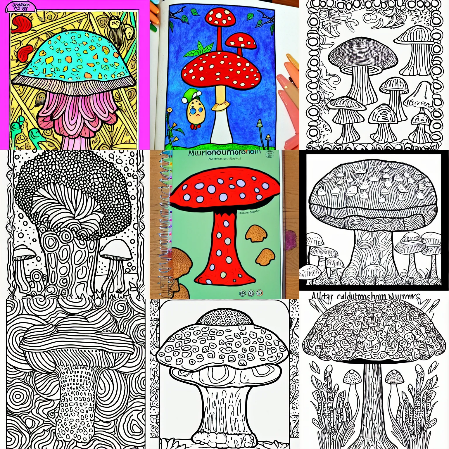 Prompt: coloring book adaptation of a mushroom