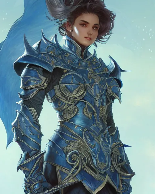 Image similar to Fantasy azure knight, moonlit, HD, illustration, epic, D&D, fantasy, intricate, elegant, highly detailed, digital painting, artstation, concept art, smooth, sharp focus, illustration, art by artgerm and greg rutkowski and alphonse mucha, monster hunter illustrations art book