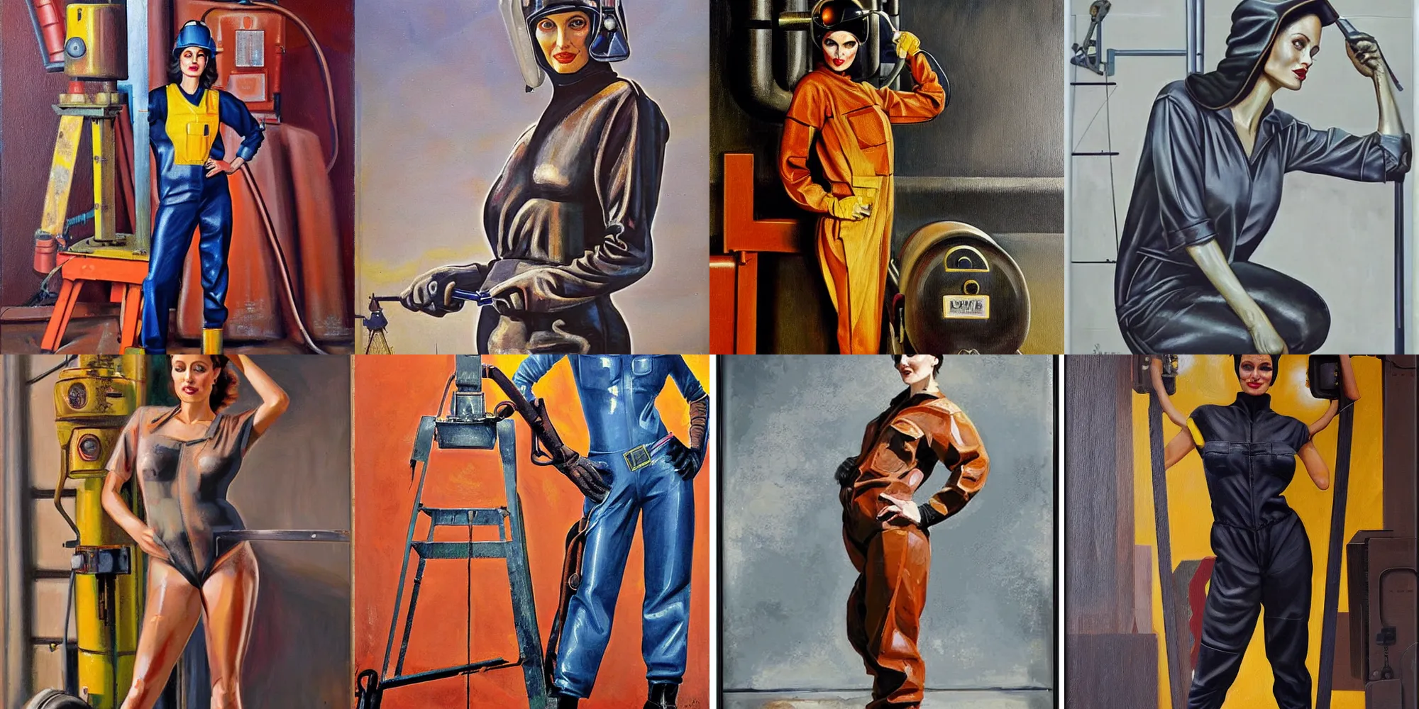Prompt: symmetrical oil painting of full - body angelina jolie posing in steelworker welder costume by samokhvalov - 1 9 3 0 s