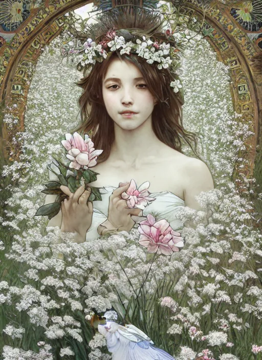 Prompt: a huge outdoor wall mural taking up the entire side of a building. it shows a fairy sitting in a field of white flowers. wearing a flower crown. stunning wall mural painting by by artgerm and greg rutkowski and alphonse mucha