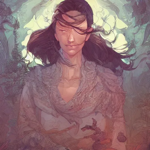 Prompt: mirror world, herbalist, digital illustration art by jesper ejsing, artgerm, ross tran, victo ngai, kim jung gi. photoshop vector cutout filter, highly detailed