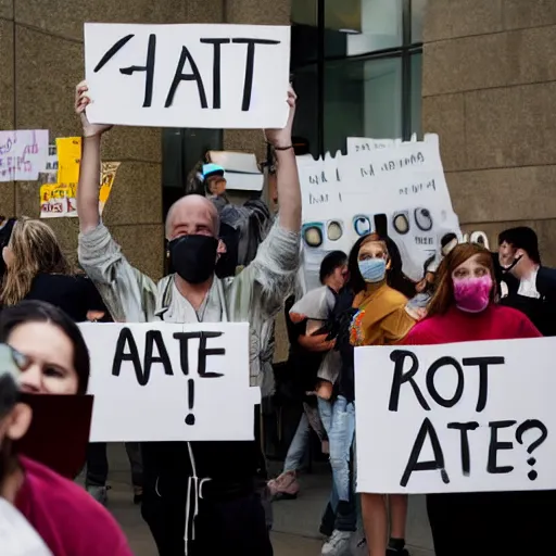 Prompt: high quality photojournalism, editorial photography, protestor holding up a sign, the sign reads robots ate my artwork!