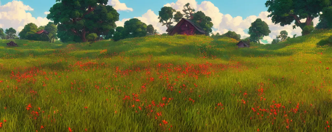 Image similar to a beautiful meadow landscape with large detailed bees flying between flowers, crimson - black beehive, happy trees, photorealistic, octane render, rtx, hdr, unreal engine, digital art widescreen 8 k in the style of studio ghibli and bob ross