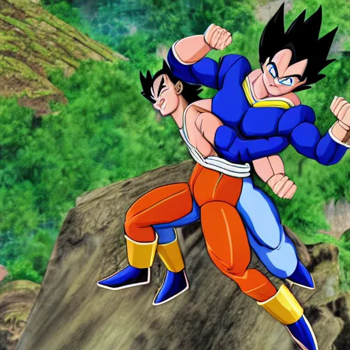 Prompt: Vegeta giving Yamcha a piggyback ride at Kamis lookout, Hyperdetailed, 108 megapixels