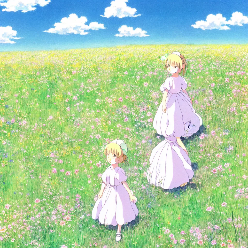 Image similar to little girl in princess dress, walking through a field of flowers, puffy clouds, beautiful, summer, calm, studio ghibli, art by hayao miyazaki, makoto shinkai