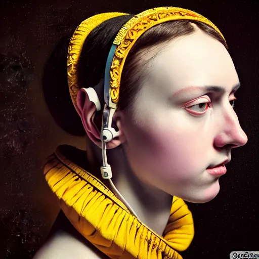 Image similar to Colour Caravaggio style Photography of Highly detailed beautiful Woman with 1000 years perfect face and wearing detailed Ukrainian folk costume designed by Taras Shevchenko also wearing highly detailed retrofuturistic headset designed by Josan Gonzalez. Many details In style of Josan Gonzalez and Mike Winkelmann and andgreg rutkowski and alphonse muchaand and Caspar David Friedrich and Stephen Hickman and James Gurney and Hiromasa Ogura. Rendered in Blender and Octane Render volumetric natural light