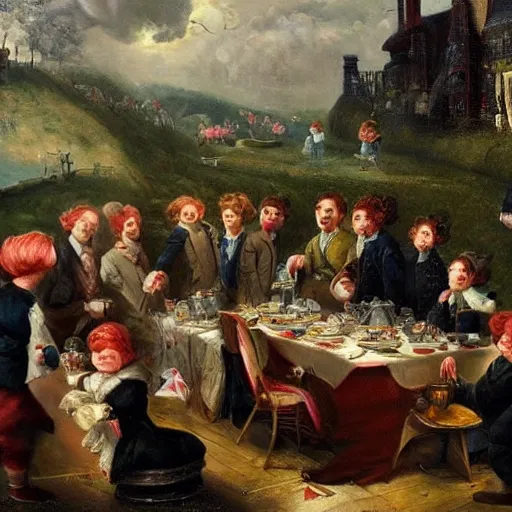 Prompt: a giant worm disrupting a tea party in england, painting, beautiful art,