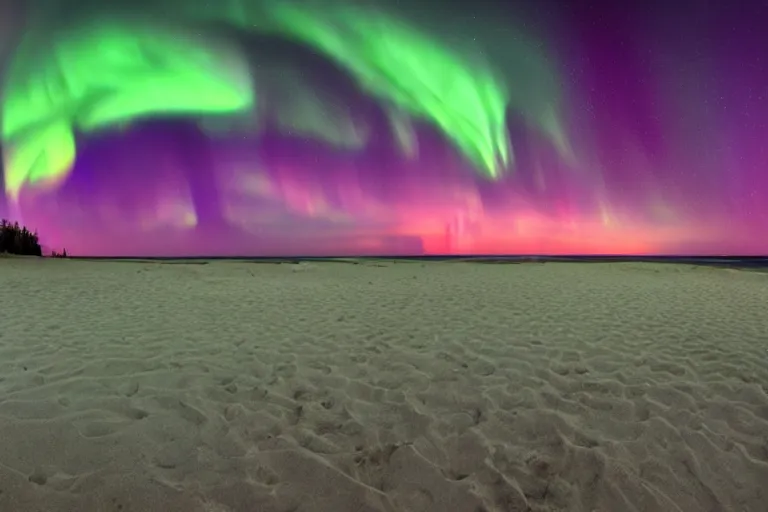 Prompt: very relaxing wide shot of aurora night at sand magical beach, realistic render, vivid colors