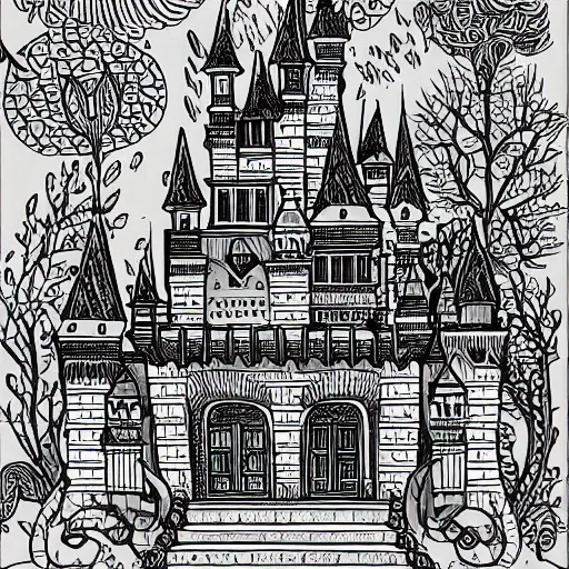 Prompt: storybook castle, detailed, 4 k, intricate, illustration, line art, lined paper, doodle