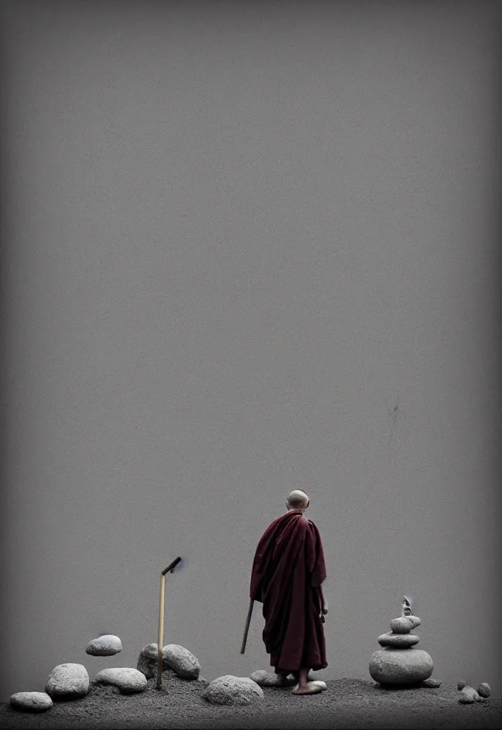 Image similar to portrait of a lone monk raking stones in kyoto, japan, a collage painting, in the style of wes anderson, lola dupre, david hockney, isolated on negative white space background dark monochrome fluorescent neon spraypaint accents volumetric octane render
