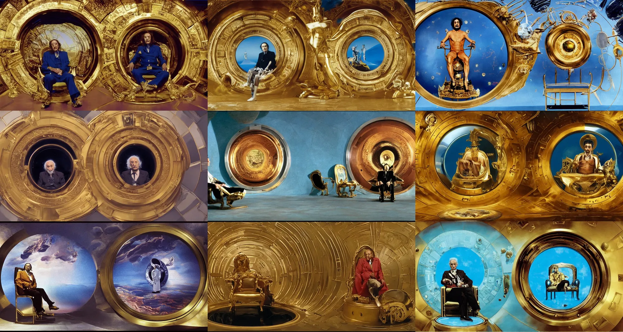 Prompt: salvador dali as emperor of universe sits on gold futuristic chair in front of huge porthole in which is visible highly detailed planet arrakis | still frame from the movie by alejandro jodorowsky with cinematogrophy of christopher doyle and art direction by hans giger, anamorphic lens, kodakchrome, 8 k