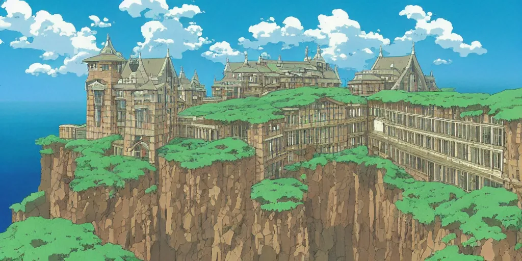 Prompt: A college built from dark bricks on a low cliff above the ocean, art by Hayao Miyazaki, art by Studio Ghibli, anime