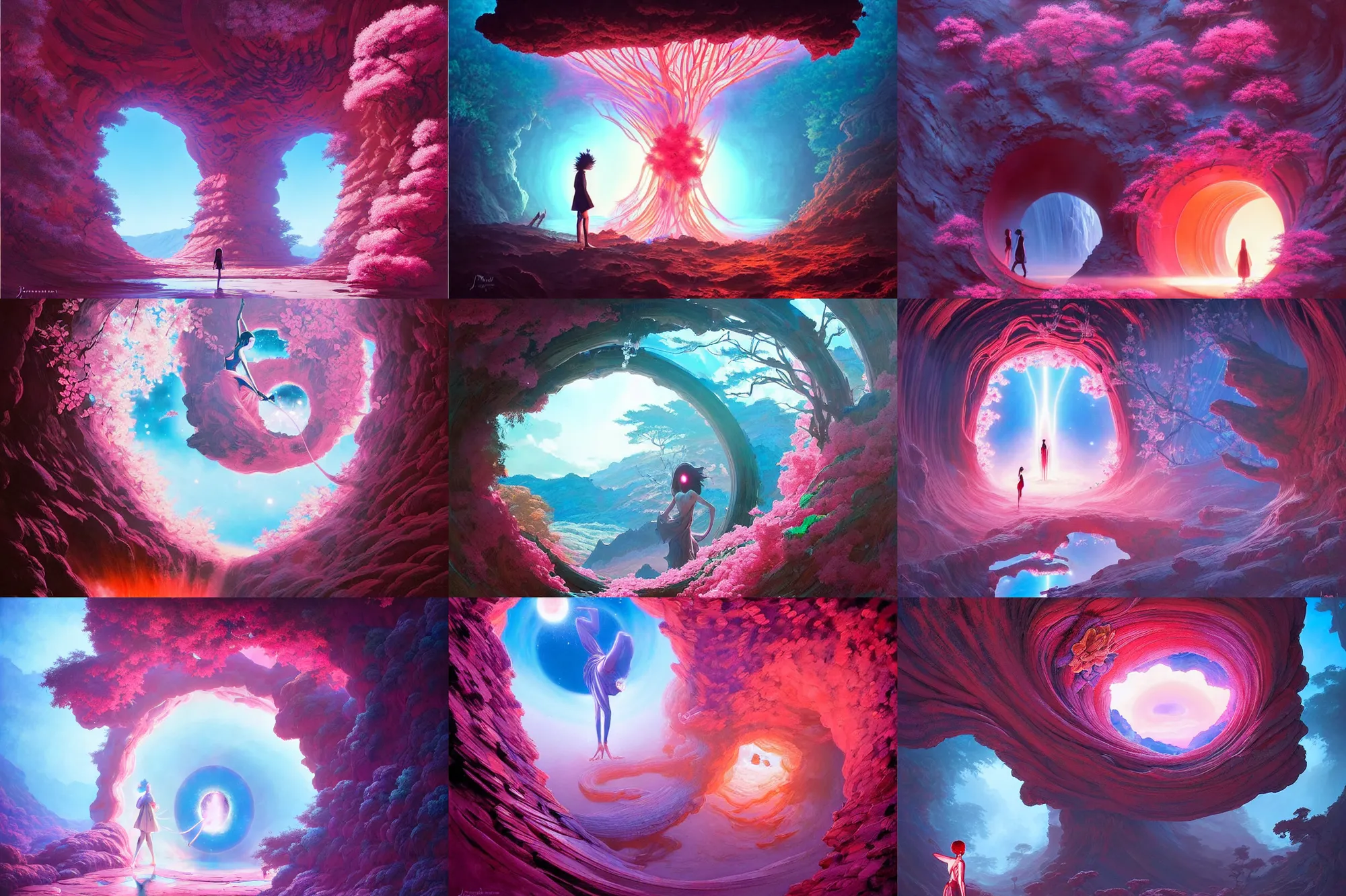 Prompt: a sakura portal appears out of nowhere in waimea canyon, inside the portal is a gateway to an alien world, otherworldly visuals, visually stunning, ravishing, divine, by james jean, ruan jia, ilya kuvshinov, martine johanna, peter mohrbacher