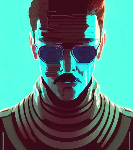 Image similar to cyberpunk synth - wave highly detailed portrait man cyberpunk, by atey ghailan, by greg rutkowski, by greg tocchini, by james gilleard, by joe fenton, by kaethe butcher, dynamic lighting, gradient light blue, brown, blonde cream and white color scheme, grunge aesthetic