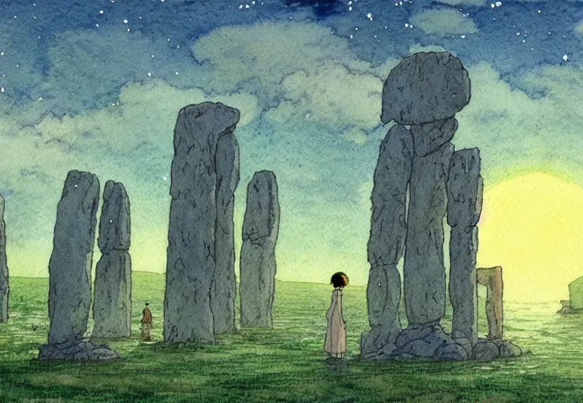 Image similar to a simple watercolor studio ghibli movie still fantasy concept art of a giant druid towering above stonehenge in the ocean. it is a misty starry night. by rebecca guay, michael kaluta, charles vess