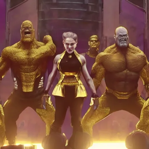 Prompt: thanos in a rap video with female backup dancers, he's wearing gold chains and hammer - pants