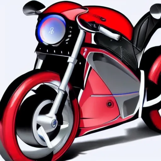 Prompt: Shotaro Kaneda's bike is a futuristic, high-tech motorcycle and an iconic feature of the series. As the group's leader, he is entitled to have the most technologically and aesthetically-advanced vehicle. It is a high-performing red-colored racing motorcycle of unspecified make and model (a badge on it closely resembling that of the BMW logo is visible on its left hand side in the film). It bears the logos of Canon Inc., the Citizen Watch Co., Shoei Co. and Arai, as well as the roundel for the U.S. Air Force. It has a reverse function, as well as a ceramic, double-rotor, two-wheel disk drive. The bike is also quoted as having an Electronically controlled Anti-Lock Brakes (or ABS) and 200 Horsepower, which both would have been very sophisticated for the 80s. Such specs would still be considered as very high-end for any current-day motorcycle manufacturer. The distinctive sound of the bike was created by splicing recordings of a MiG-21 fighter jet and a 1927 Harley-Davidson motorcycle. Given the visible crank and gearbox case visible on the left hand side of the machine, alongside the distinctive green static electricity visible around the front tire the bike may be presumed to be a Turbine-electric hybrid