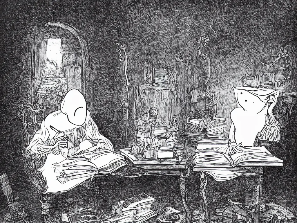 Prompt: detailed illustration of a ghost writing a book