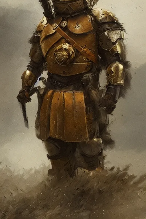 Image similar to a british longhair sodier with armor in the war, warm color, mini golden detail in the armor by alessio albi and greg rutkowski