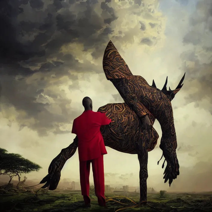 Image similar to a painting of a XXL wise elder from Kenya in a suit by Kehinde Wiley . dramatic angle, ethereal lights, details, smooth, sharp focus, illustration, realistic, cinematic, artstation, award winning, rgb , unreal engine, octane render, cinematic light, macro, depth of field, blur, red light and clouds from the back, highly detailed epic cinematic concept art CG render made in Maya, Blender and Photoshop, octane render, excellent composition, dynamic dramatic cinematic lighting, aesthetic, very inspirational, arthouse.