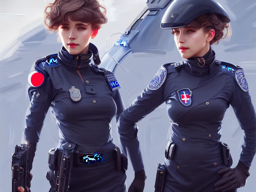 Image similar to portrait futuristic swiss police uniform female, at future neon light rooftop, ssci - fi and fantasy, intricate and very very beautiful and elegant, highly detailed, digital painting, artstation, concept art, smooth and sharp focus, illustration, art by tan zi and ayanamikodon and alphonse mucha and wlop